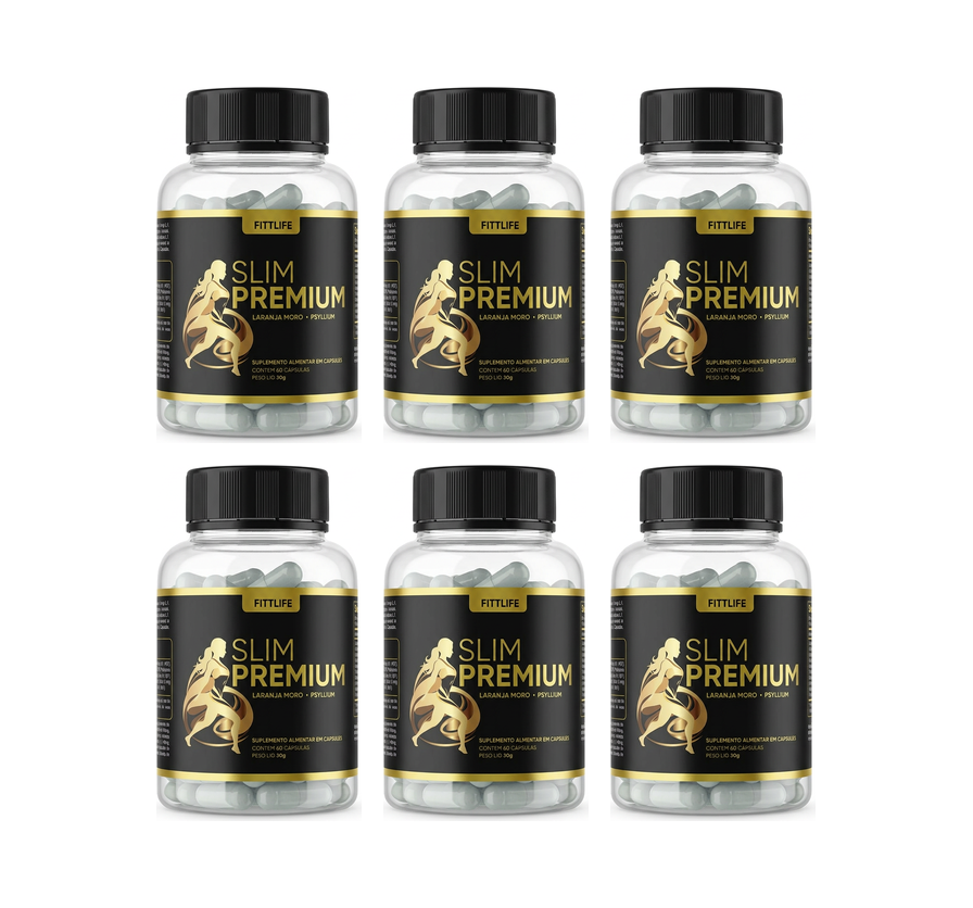 Seis potes de SLIM PREMIUM representando o kit de 6 meses