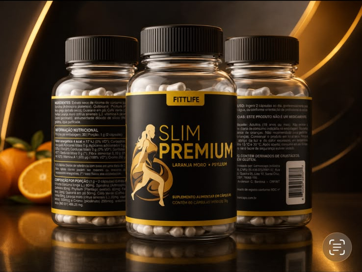 Três potes reais do suplemento SLIM PREMIUM com o novo rótulo