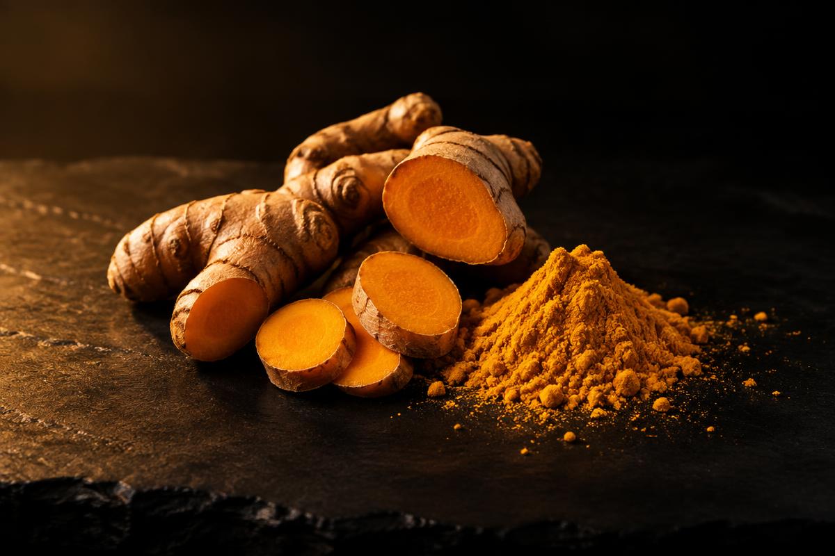 Raízes e pó de cúrcuma