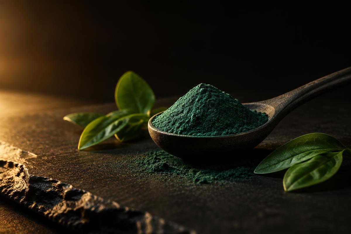 Spirulina em pó sobre colher escura