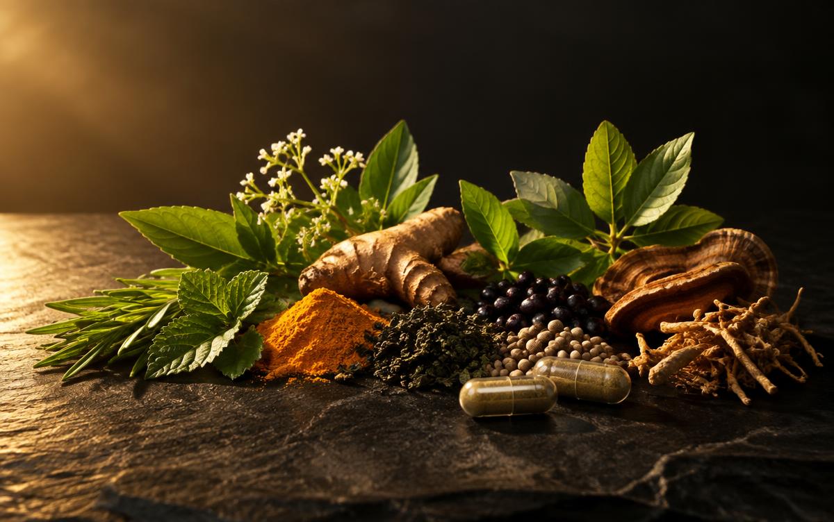Composição premium de ingredientes botânicos e cápsulas