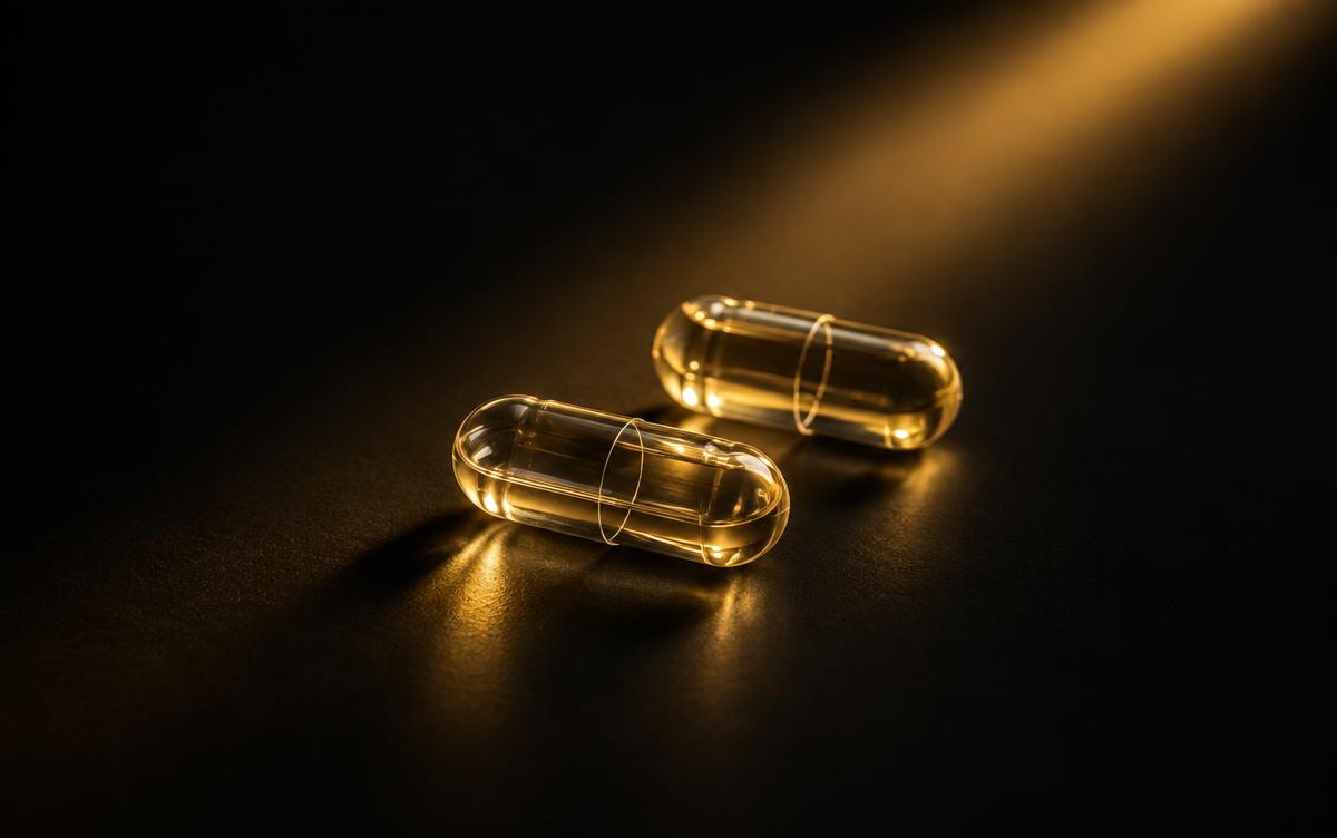 Duas cápsulas transparentes sob luz dourada em fundo preto