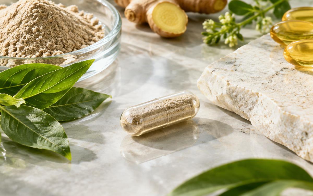 Cápsula transparente em close com ingredientes naturais