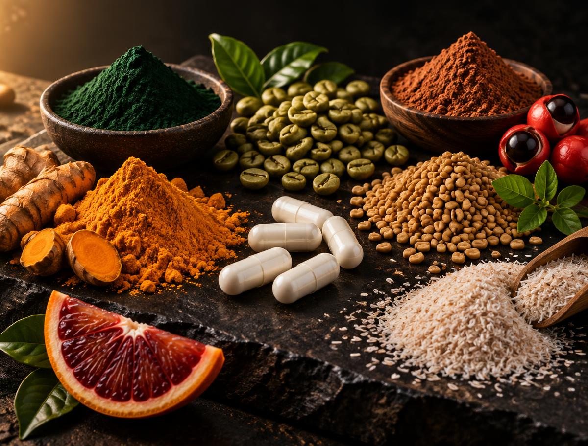 Ingredientes naturais da fórmula dispostos ao lado de cápsulas