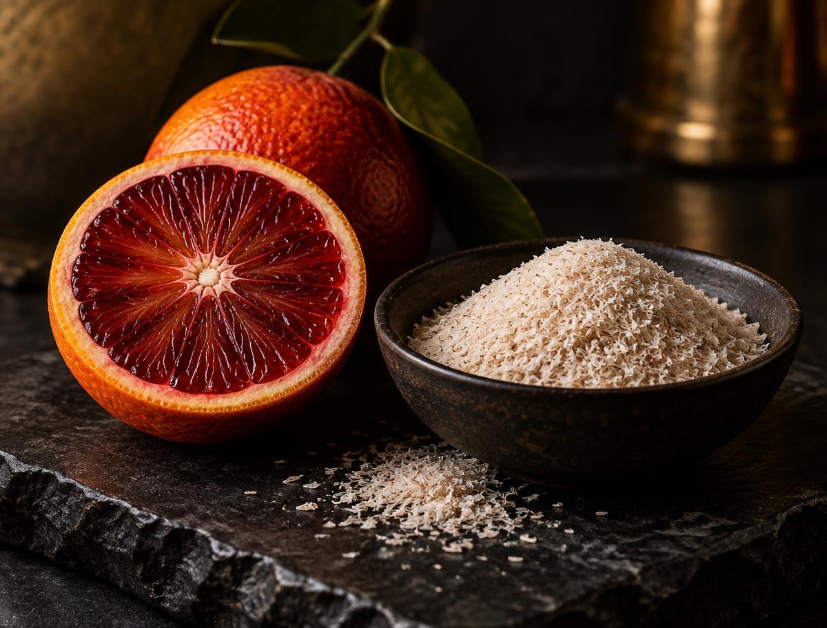 Laranja Moro cortada ao lado de psyllium em tigela escura